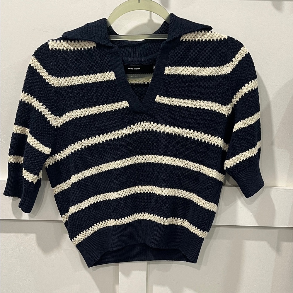 Vero Moda Navy and Cream V-Neck Sweater